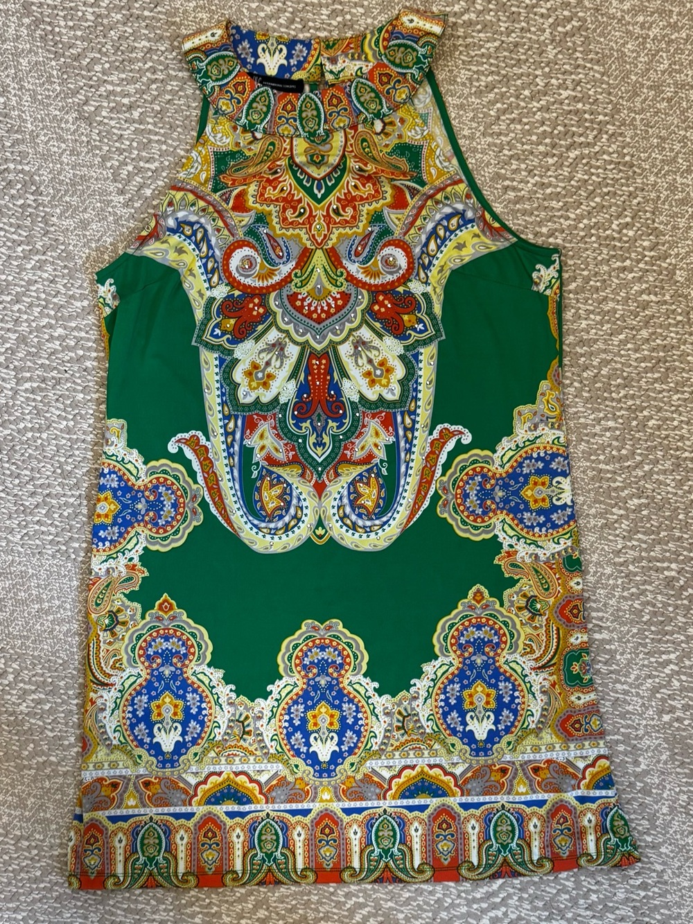 INC International Concepts Paisley Halter Dress Green Rhinestone Petite Medium